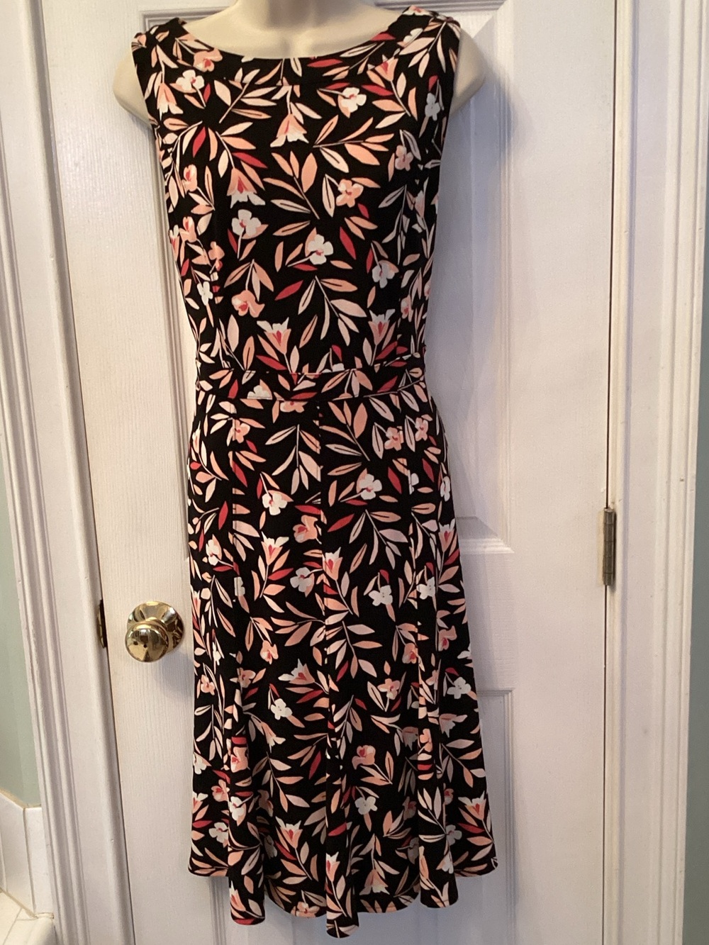 Talbots Black Floral Sleeveless Midi Dress with Pink and Cream Blossoms